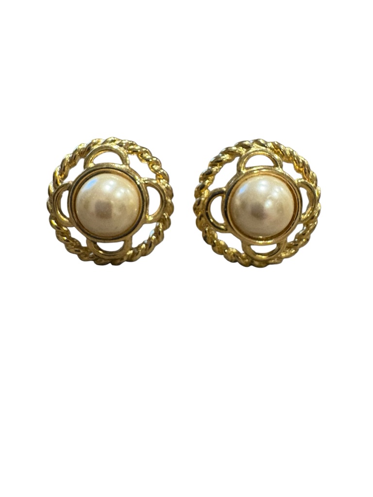 Monet Faux Pearl Rope Twist Clip On Earrings Gold Tone Vintage Jb7